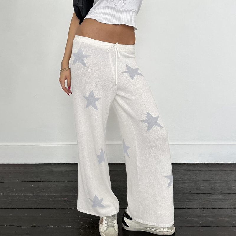 美式复古星星印花休闲裤女2025秋冬家居毛织宽松直筒阔腿拖地长裤|undefined