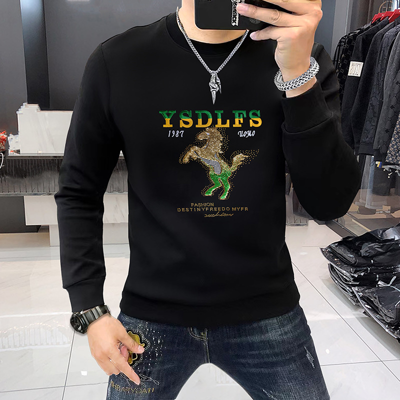 High-End European New Men's Long-Sleeved Round-Neck Sweatshirt Heavy Craftsmanship Hot Diamond Embroider Sequins Men's Clothing Comfortable and Warm