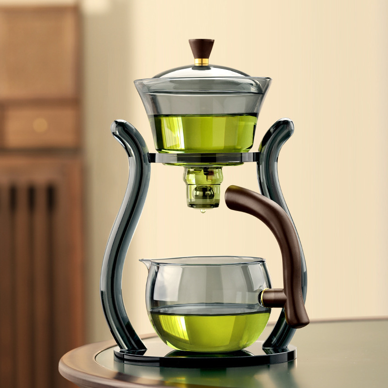 Magnetic Cup Smoke Gray Glass Tea Set for Home and Office, Borosilicate Tea Pot with Lazy Person Tea Cup