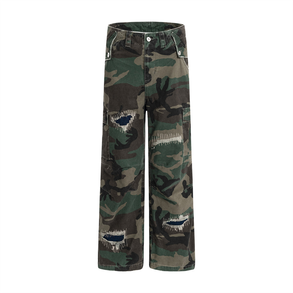 Spodnie z szerokimi nogawkami i prostymi nogawkami, z szerokimi nogawkami i przetarciami, w stylu kamuflażowym dla mężczyzn, modne i modne w pracy_voghion.com
