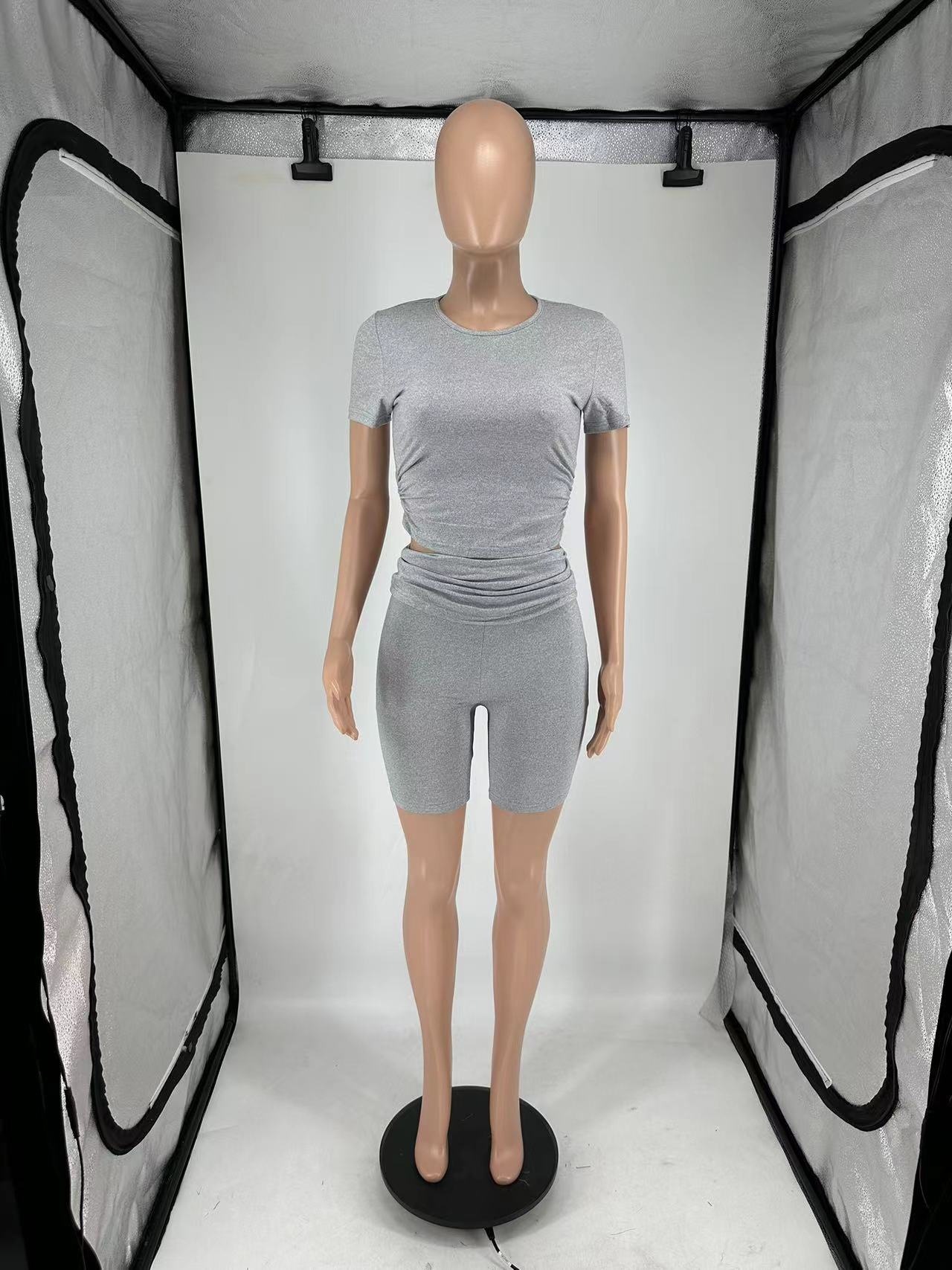 Women's Casual Short Sleeve Top + Roll-Up Shorts Set – Trendy Two-Piece Outfit (Black/Light Gray/Blue/Pink, S-Xl)_ecoleips.com