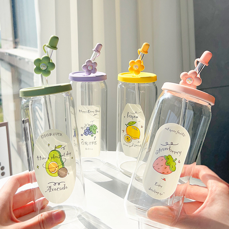 グラスins風ストローコップ高颜値ハンドル付きダイヤルカップ蓋スプーン少女心果物プリントカップ|undefined