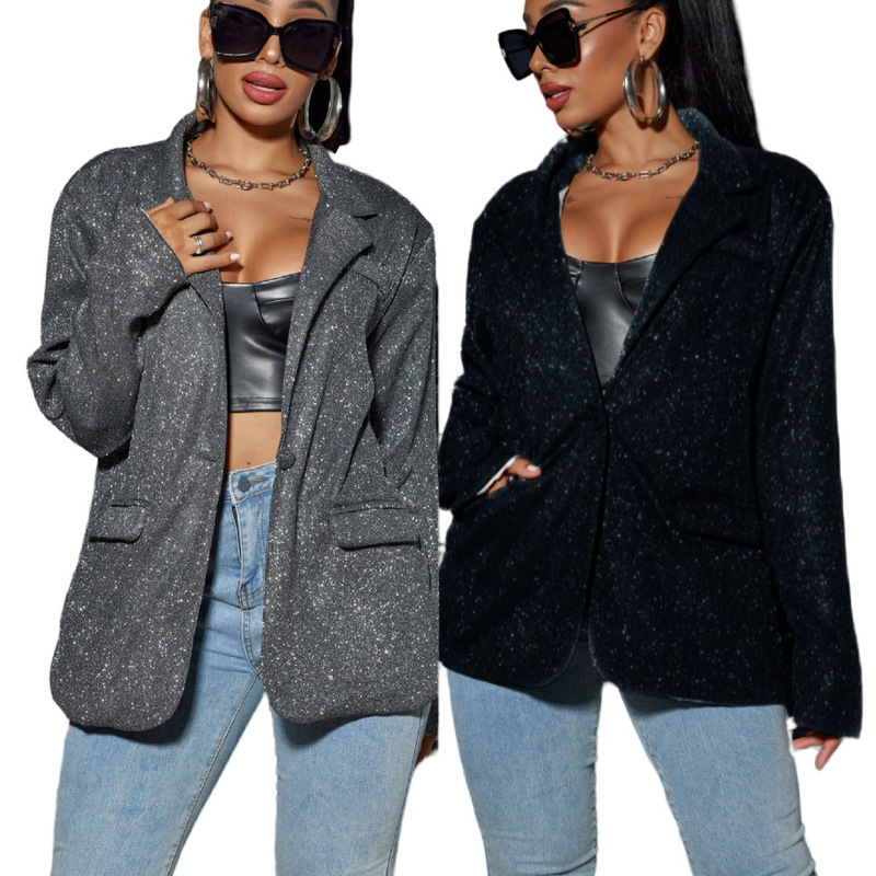 European and American Amazon Cross-border New Commuter Style Cardigan Lapel Long Sleeve Shiny plus size Casual Suit Jacket