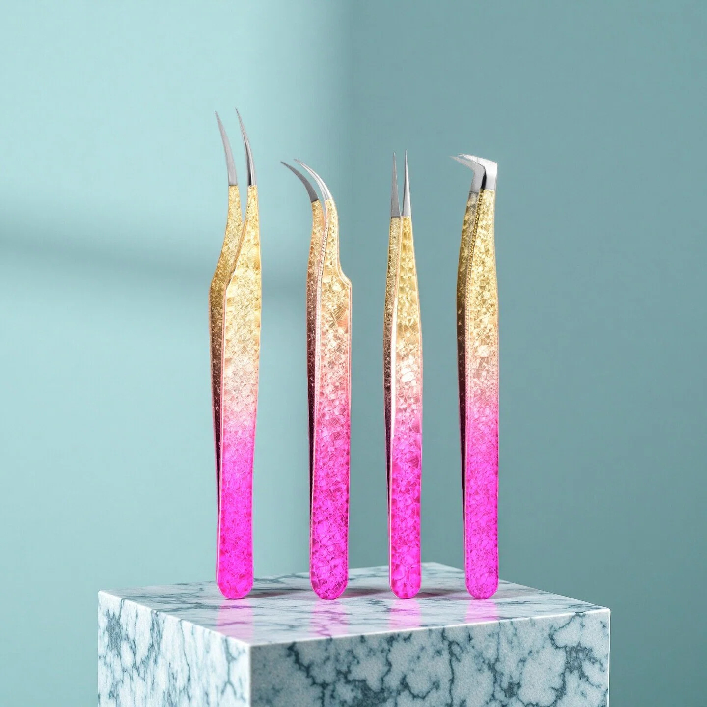 Factory Direct Sales Ice Flower Tweezers in Stock Ice Flower False Eyelash Tweezers Ice Flower Gold Feather Clip Ice Flower Tweezers Set