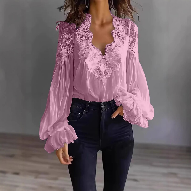 2026 European and American Cross-Border Amazon Independent Site Fashion Sexy Women's Lace Patchwork Puff Sleeve Pleated Shirt