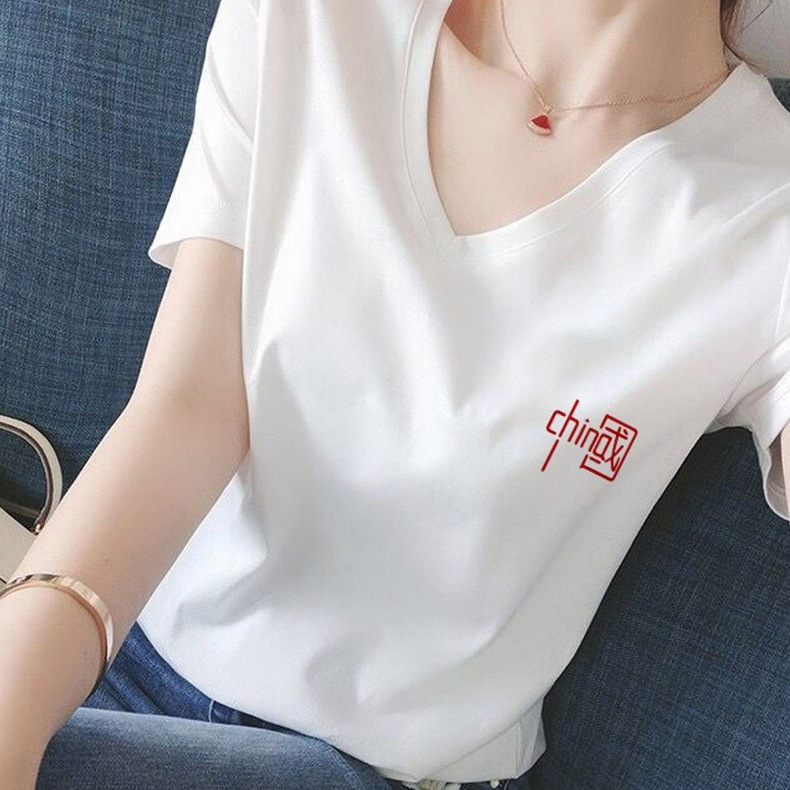 2024 Summer National Fashion Printed T-shirt Women's Short-sleeved V-neck Slim-fit Top Internet Popular Harajuku Style Ins Half-sleeved Base Shirt