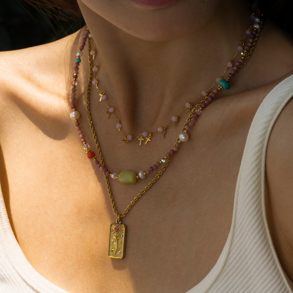 Taena europeo y americano de acero inoxidable rosa colgante collar de nicho hecho a mano piedra natural con cuentas cadena de clavícula transfronteriza