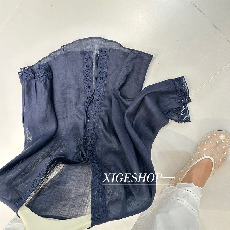 Ramie Embroidered Lace V Neck Shirt for Women 2025 Summer New Slightly See-Through Sun Protection Cardigan Ins