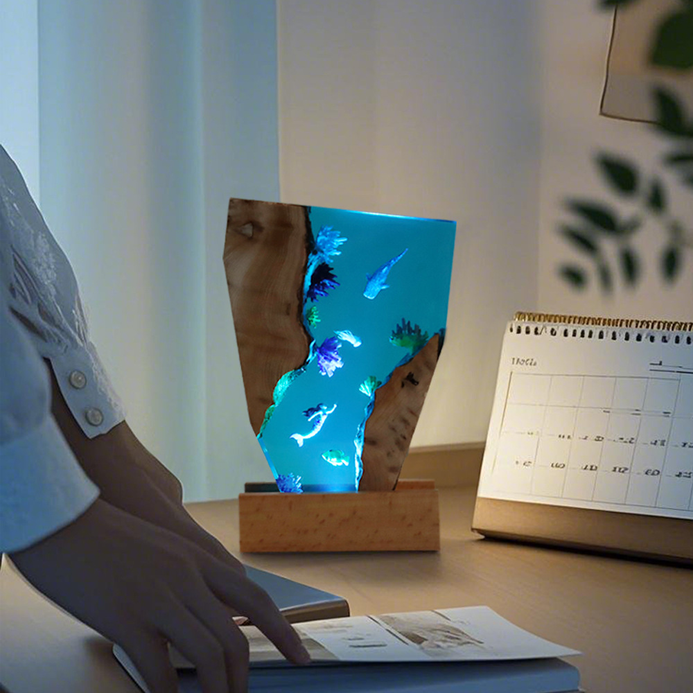 Mermaid and Jellyfish Ocean Micro Landscape Resin Night Light Epoxy and Wooden Ornaments Creative Gift