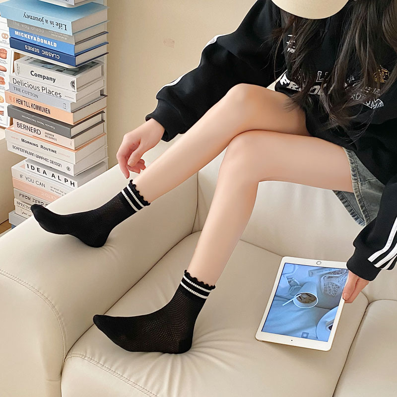 袜子女夏季网纹吸汗透气女士薄款木耳边竹纤维中筒蝴蝶结女袜批发