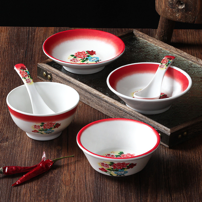 Xiangyuan melamina cubiertos tazones comerciales de mesa de cuatro piezas de porcelana restaurantes hotpot tienda de platos y tazas de platos