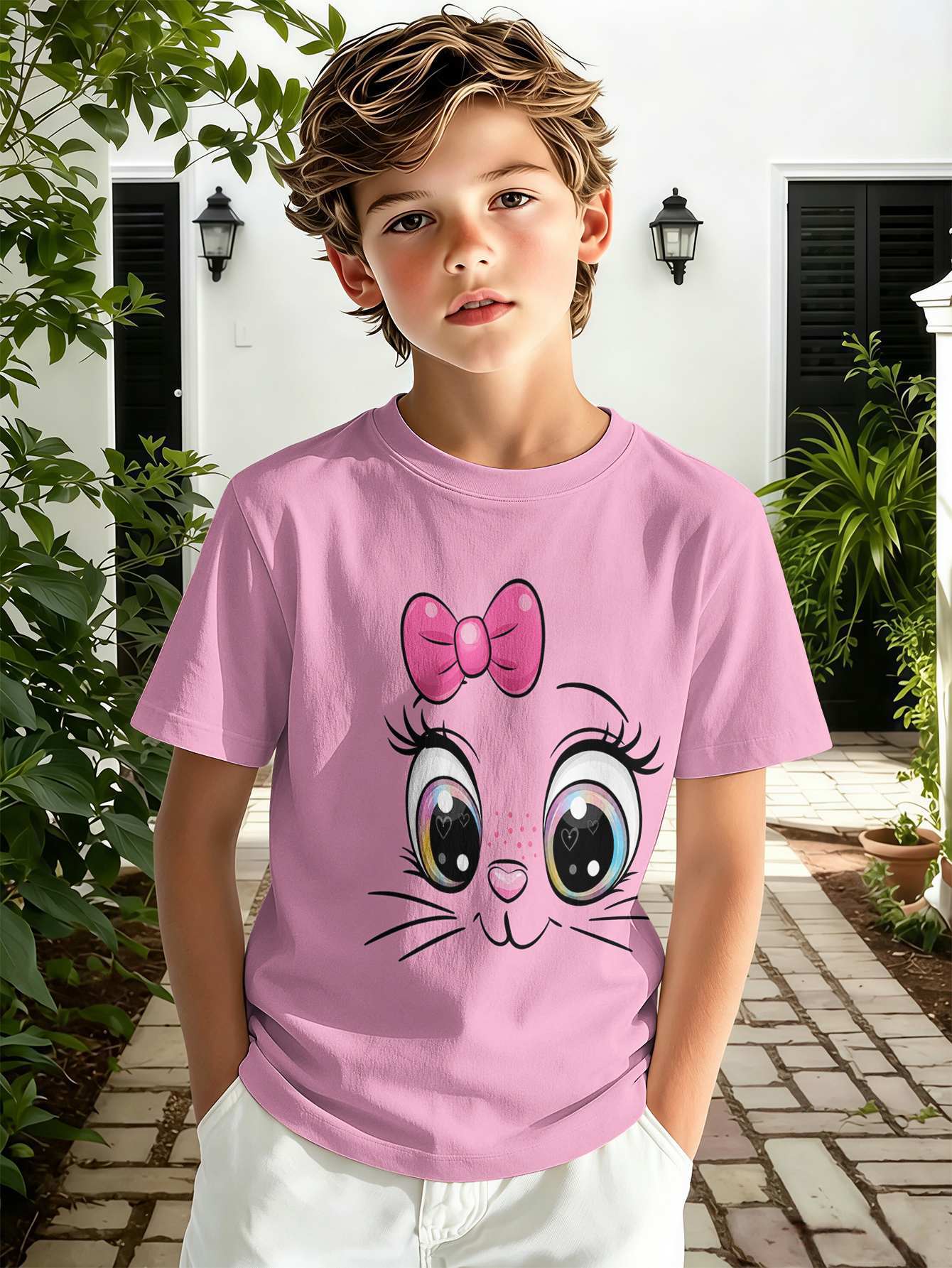T-shirt pour garçon avec imprimé texte 3d haut décontracté rose_voghion.com
