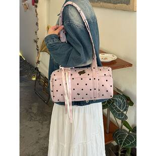Capacious retro handheld shoulder bag, pillow with bow, one-shoulder bag