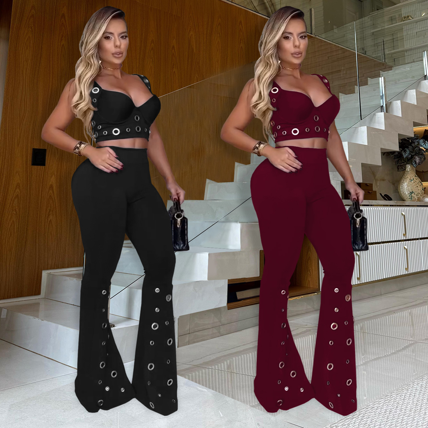 C7451 Cross-border AliExpress Amazon Moda europea y americana Ropa de mujer Temperamento Sexy Top Pantalones anchos Traje de dos piezas