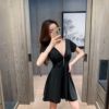 Nightclub sexy V-neck low cut zipper decoration solid color close waist A-line umbrella skirt skirt Short Sleeve Dress