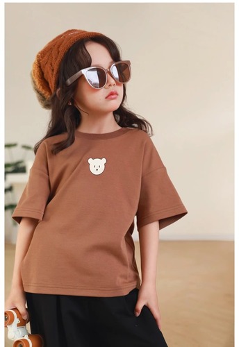  Autumn parent-child clothing, summer clothing, children's clothing, family clothing for a family of three, apricot brown foreign style short-sleeved T-shirt bear