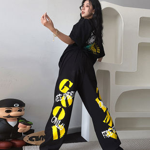 2024 Drawstring Spring and Summer New Women's High Waist Slimming Straight Wide Leg Trousers Letter Printed Trendy Brand Loose Pants