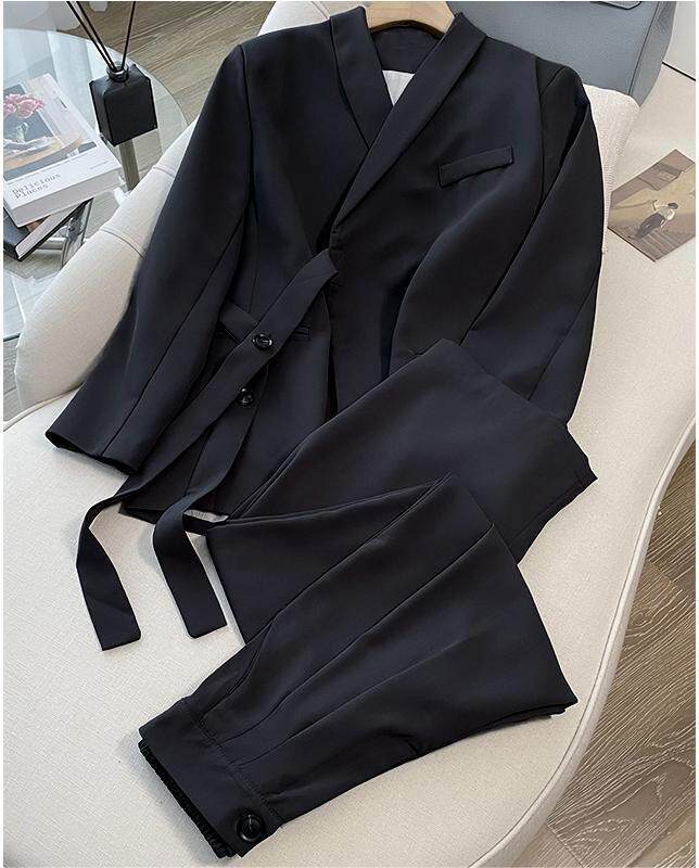 Bộ vest nữ hai mảnh dáng ôm thanh lịch, tay dài, phong cách công sở sang trọng — đen (bộ đồ), Kaki (bộ), Màu trắng nhạt (bộ), hồng (bộ) chi tiết 14