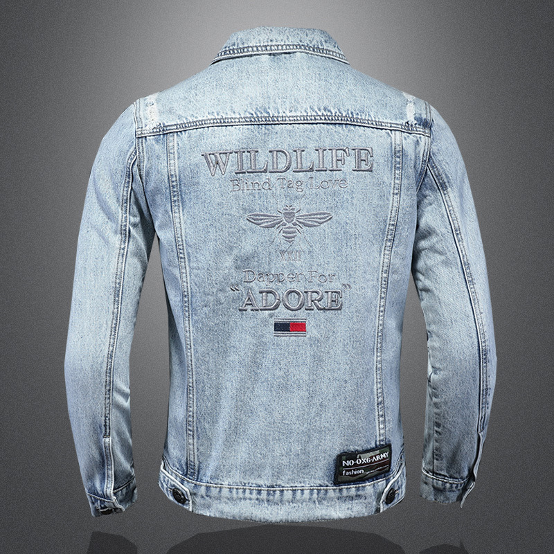 2023 Spring New European Style Men's Light-Colored Lapel Denim Jacket With Bee Embroidery QT5027/H06520_mkmklike.com