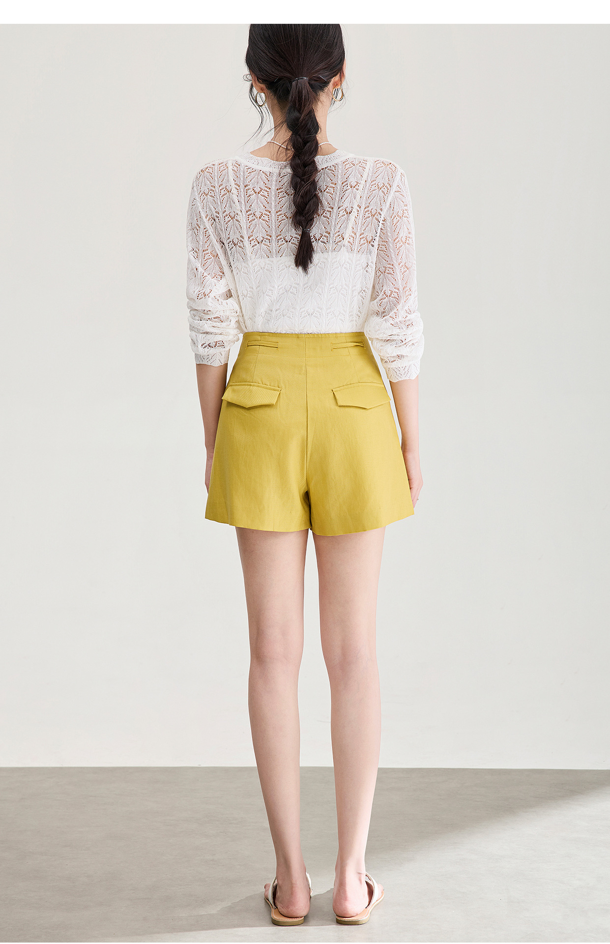 Quần short nữ cạp cao dây buộc phong cách quốc phong rộng thùng thình đính cườm — Xanh lông mòng đen chi tiết 15