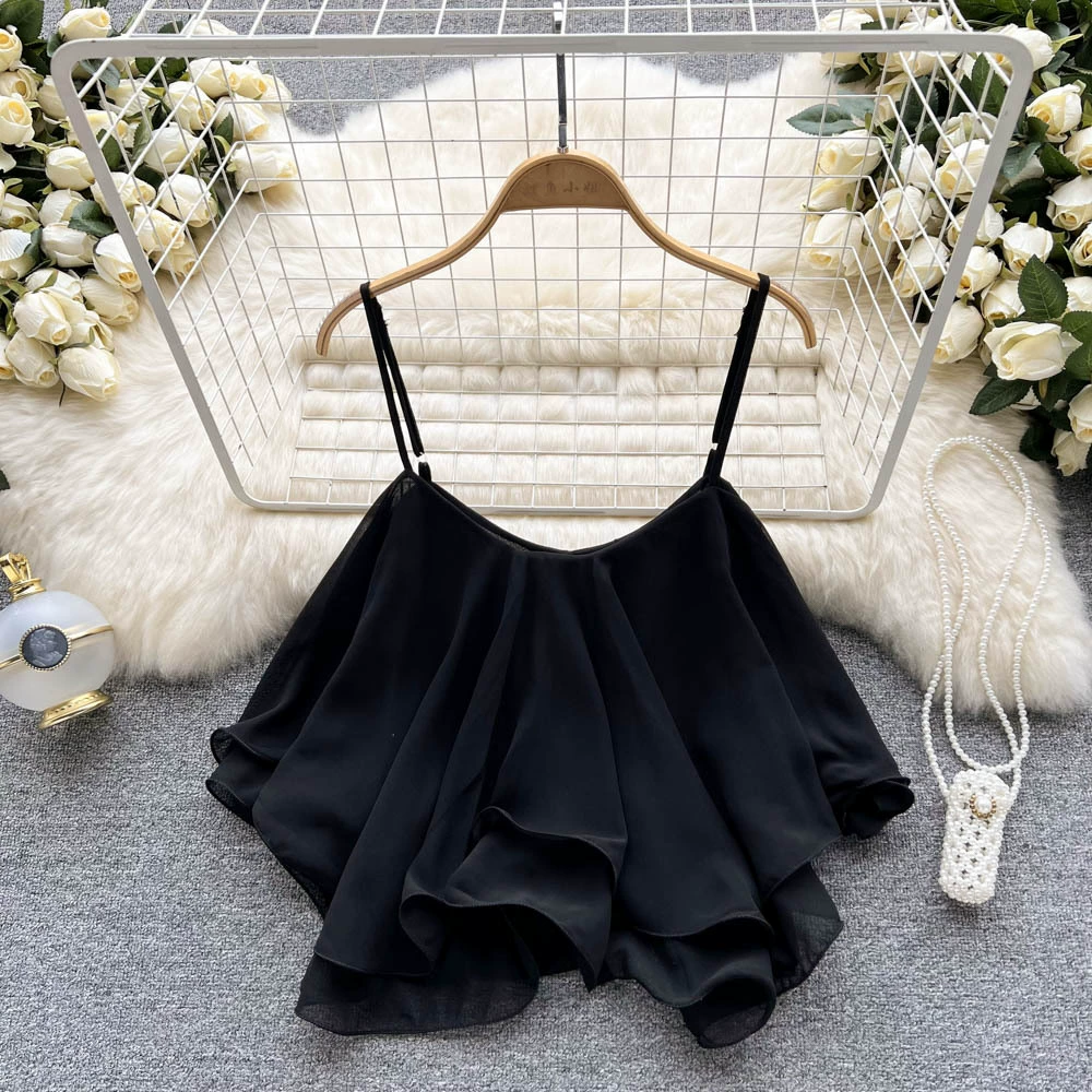 Off-shoulder Ruffled Chiffon Blouse, Double-Layer Sleeveless, 2022 Summer, One Size
