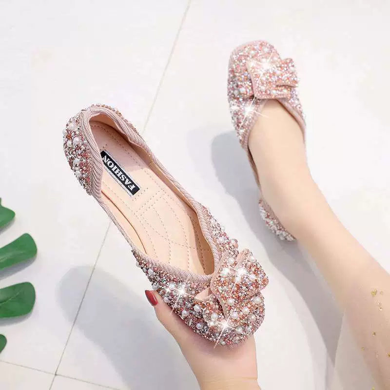 Женская обувь, новинка 2025 года, женские туфли без шнуровки в корейском стиле, женская обувь с жемчугом и стразами, вечерние туфли на мягкой подошве