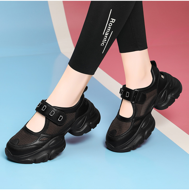 Giày sandal thể thao nữ đế xuồng dày lưới thoáng khí phong cách giày bố — Màu be 1990, 1990 màu đen chi tiết 8