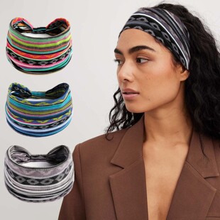Cross-Border Women's Bohemian Sports Headband Wide Version Headband Elastic Yoga Headband Antiperspirant Sweat-Absorbent Cycling Headband