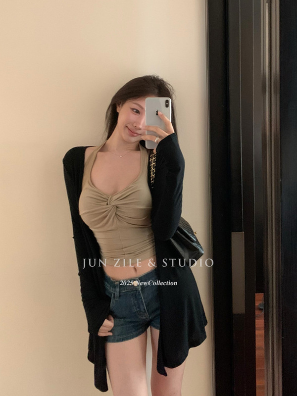 两件套夏女带胸垫吊带背心褶皱收腰扭结挂脖上衣防晒开衫休闲套装|undefined