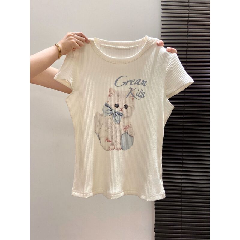 Kitten Print Right Shoulder Short-Sleeved Women's Summer Slim Textured Age-Reducing Bottoming Top Petite Sweet and Spicy Style T-Shirt