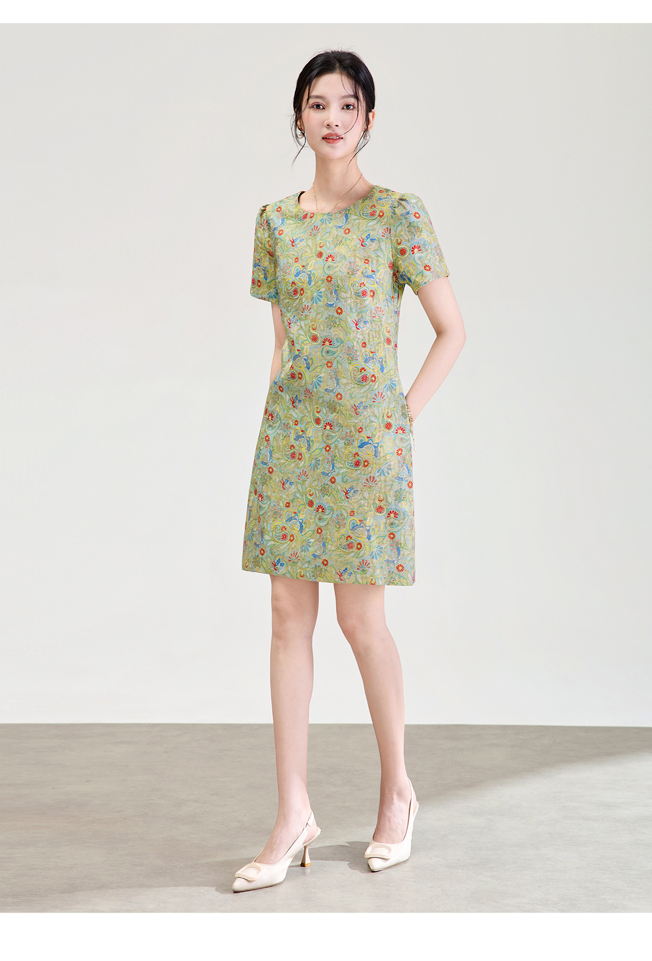 Váy maxi nữ thắt eo dáng suông họa tiết jacquard pha len — xanh lá cây chi tiết 14