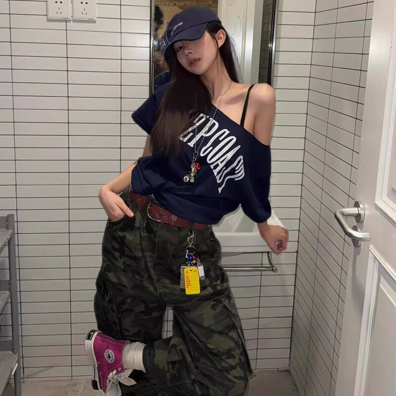 Summer American Retro Style Spicy Girl Off-Shoulder Printed Short-Sleeve T-Shirt Casual Loose Lazy Style Unique Top