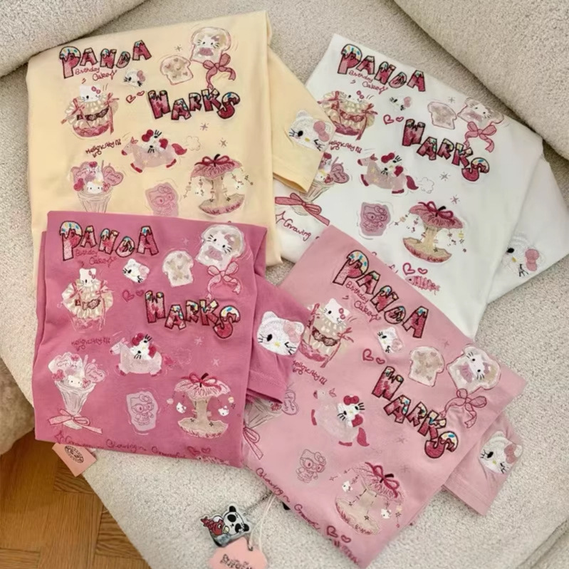 Pandawarks Panda Paper Bag House Cute Girl Energetic Hello Kitty Cat Embroidered Loose Short Sleeve T-Shirt