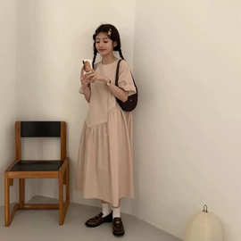 韩国东大门2024春季女装新款纯色圆领宽松减龄短袖连衣裙