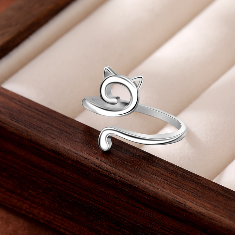 Nuevo gancho europeo y americano transfronterizo anillo de gato hueco geométrico plata de ley 925 apertura de anillo de gatito animal simple