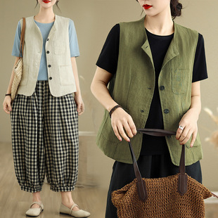 Real shot 2025 spring literary loose plus size women's cotton and linen vest cardigan sleeveless small coat waistcoat vest