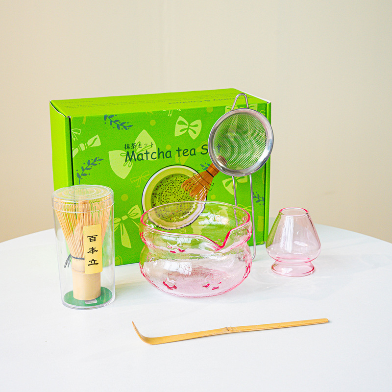 ガラス抹茶ティーセット 7 ピース透明高ホウケイ酸ピンク日本ギフトボックスセット抹茶ボウル茶筅卸売|undefined