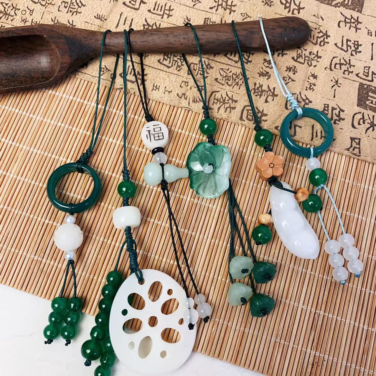 古風手機鏈掛飾平安扣掛繩手作串珠包包掛件荷葉鑰匙掛件吊墜飾品