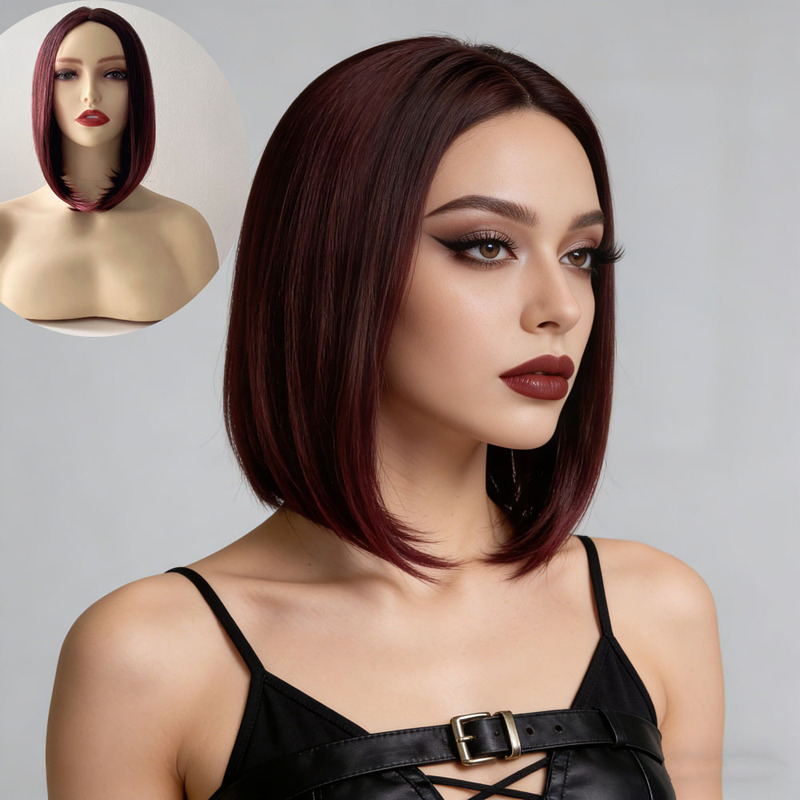Cross-Border European and American Foreign Trade Bobo Wig for Women, Short Straight Hair, Black Gradient Burgundy Bob Haircut, in Stock