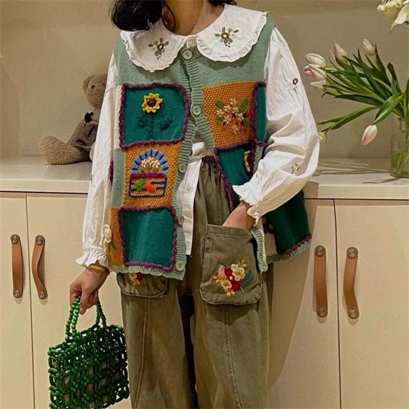 2025 весна и осень новые лесные цветы ручной работы вязаный жилет женский сладкий ветер минус свитер без рукавов