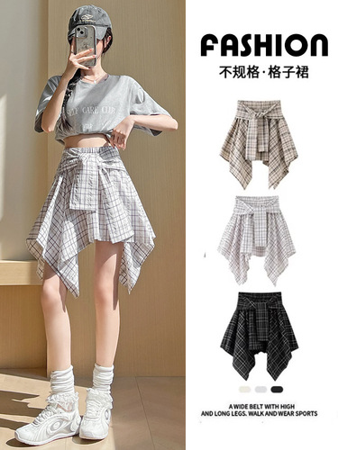 Irregular plaid skirt women's spring, summer, autumn and winter new style high-waist slimming elegant retro plaid short skirt