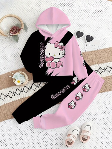 2-piece Hello Kitty girl pink and black color matching trendy digital print design set, including hooded guards