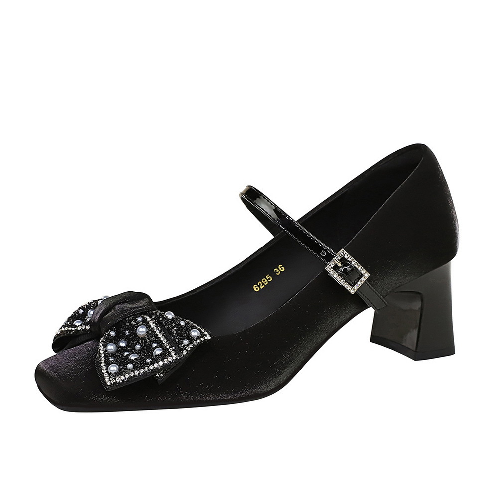 6295-H99 Women's Chunky Mid-Heel Mary Jane Shoes With Rhinestone Bow, Versatile Satin Strap, Square Toe_vogvips.com
