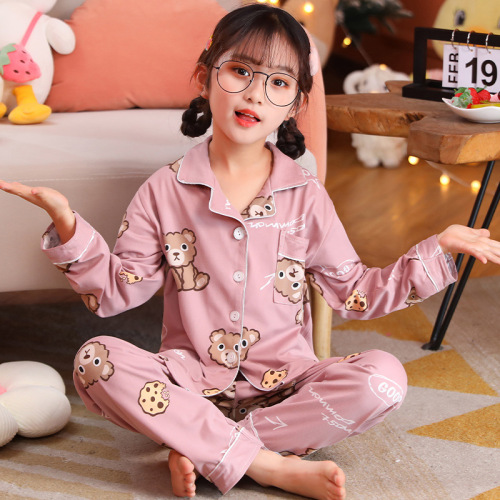 Children's pajamas for girls in Southeast Asia, spring and autumn, imitation cotton cardigans with long sleeves and cartoon prints, sweet home clothes for small and medium children