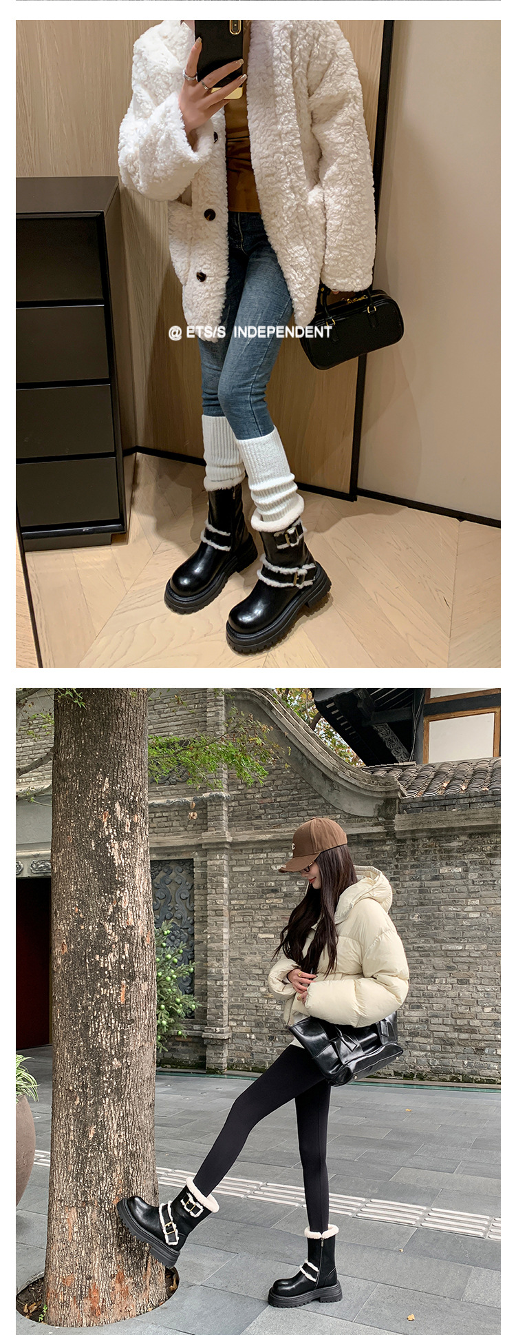 Boot tuyết nữ cổ thấp đế dày phong cách Anh, có khóa thắt lưng, lót lông ấm — màu đen chi tiết 13