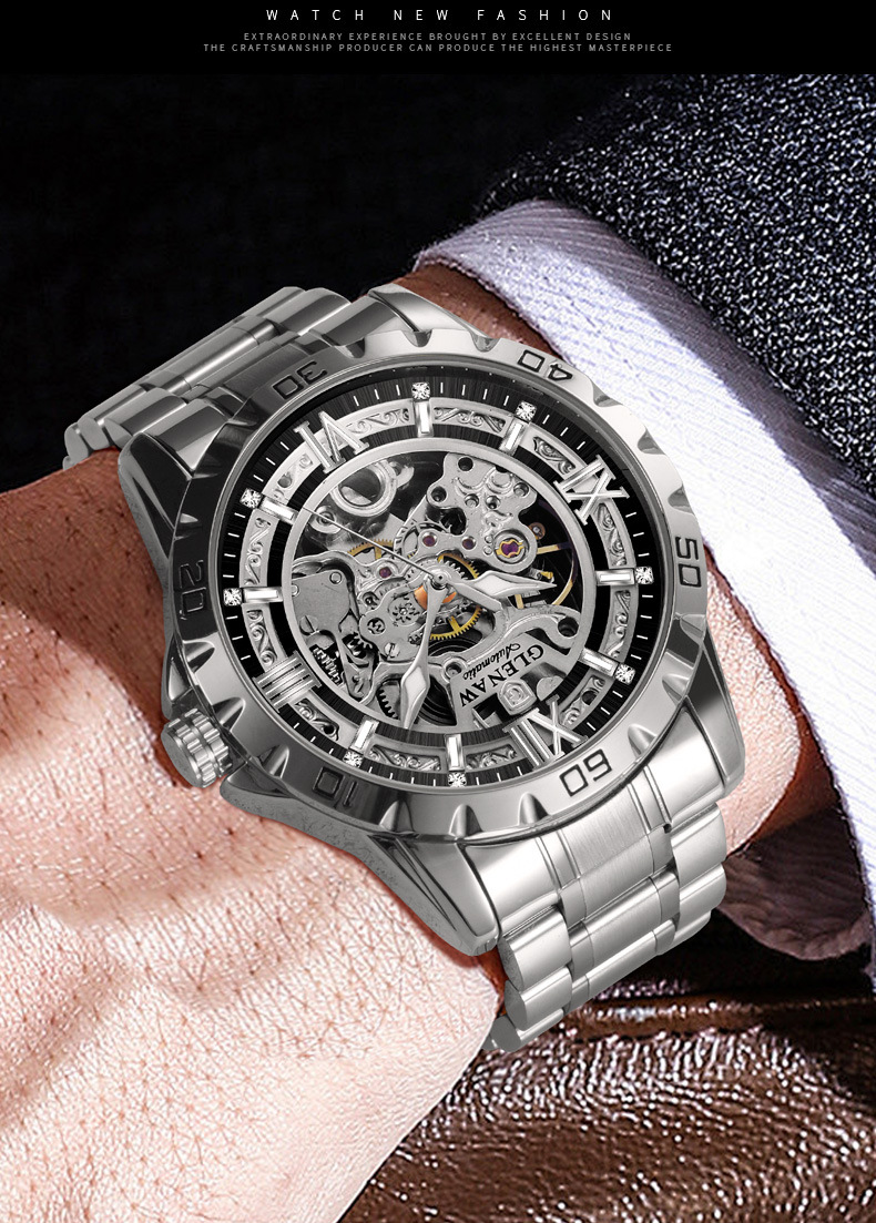 Đồng hồ nam thép không gỉ automatic lộ máy Glenn — Thắt lưng thép vàng 8718, Thắt lưng thép bạc 8718 chi tiết 9