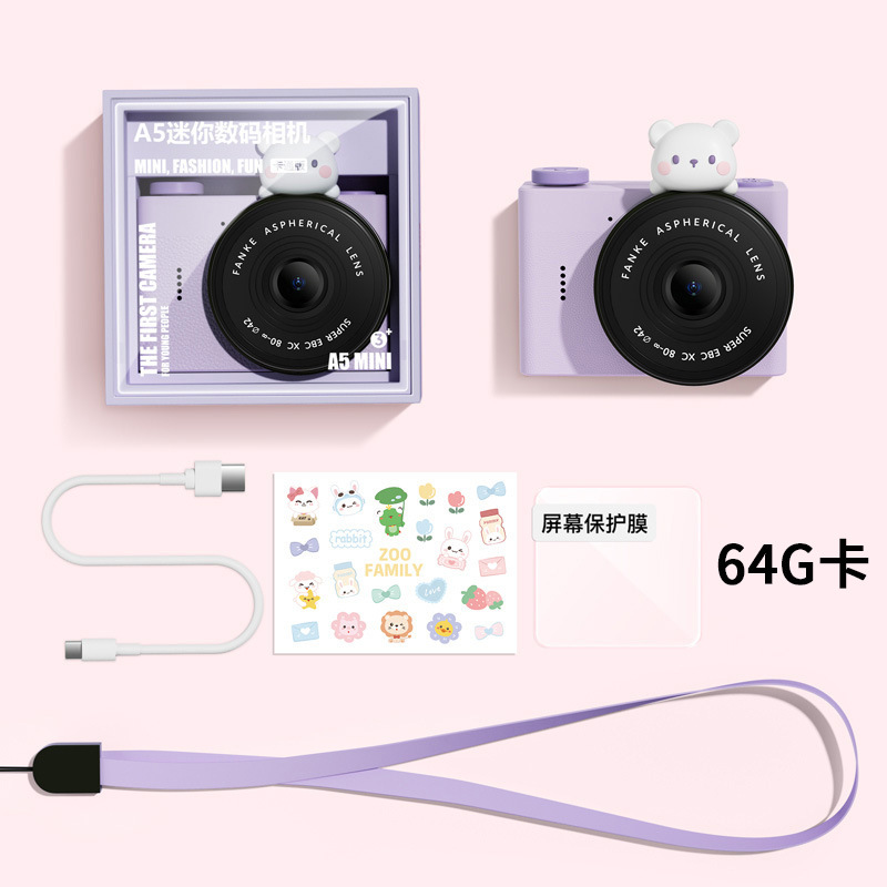 Cámara de estudiante de dibujos animados para niños A5 Cámara de bolsillo portátil de doble cámara delantera y trasera Mini cámara digital Regalo del día de los niños