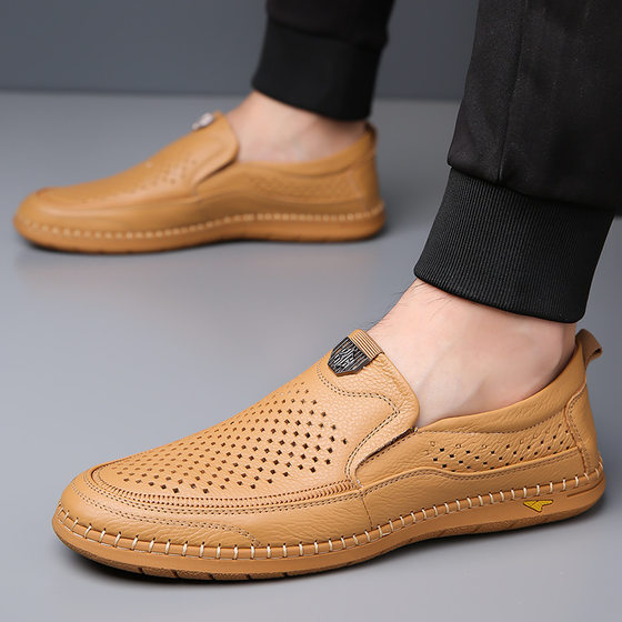 Hollow-out Leather Shoes Summer Fashionable Breathable Real Cowhide Casual Leather Shoes Men's Soft-soled White Shoes Hole Sandals for Hair