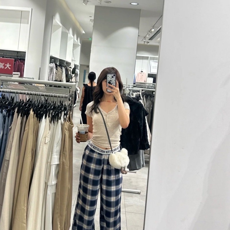 Hollister小海鸥红黑格子抽绳休闲裤字母织带宽松休闲长裤睡裤女|undefined