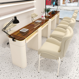 A6T Cream Style Manicure Table and Chair Set Wrought Iron Glass Manicure Table Comes with Vacuum Cleaner Socket Repair